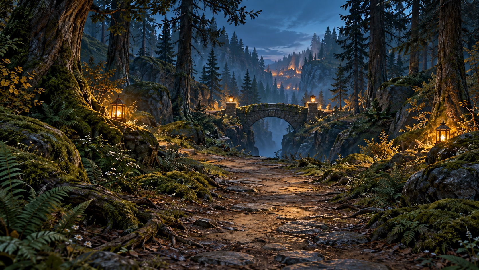 Ekomarkens skogsstig med lyktor och en stenbro, en illustration från Klangväktarna.